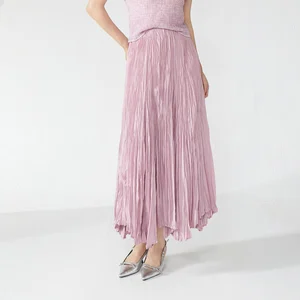 Summer Pleated Women's Skirt New High-Quality Elastic Solid Color Elastic Waist A-Line Skirt Loose Mid-Length Skirt