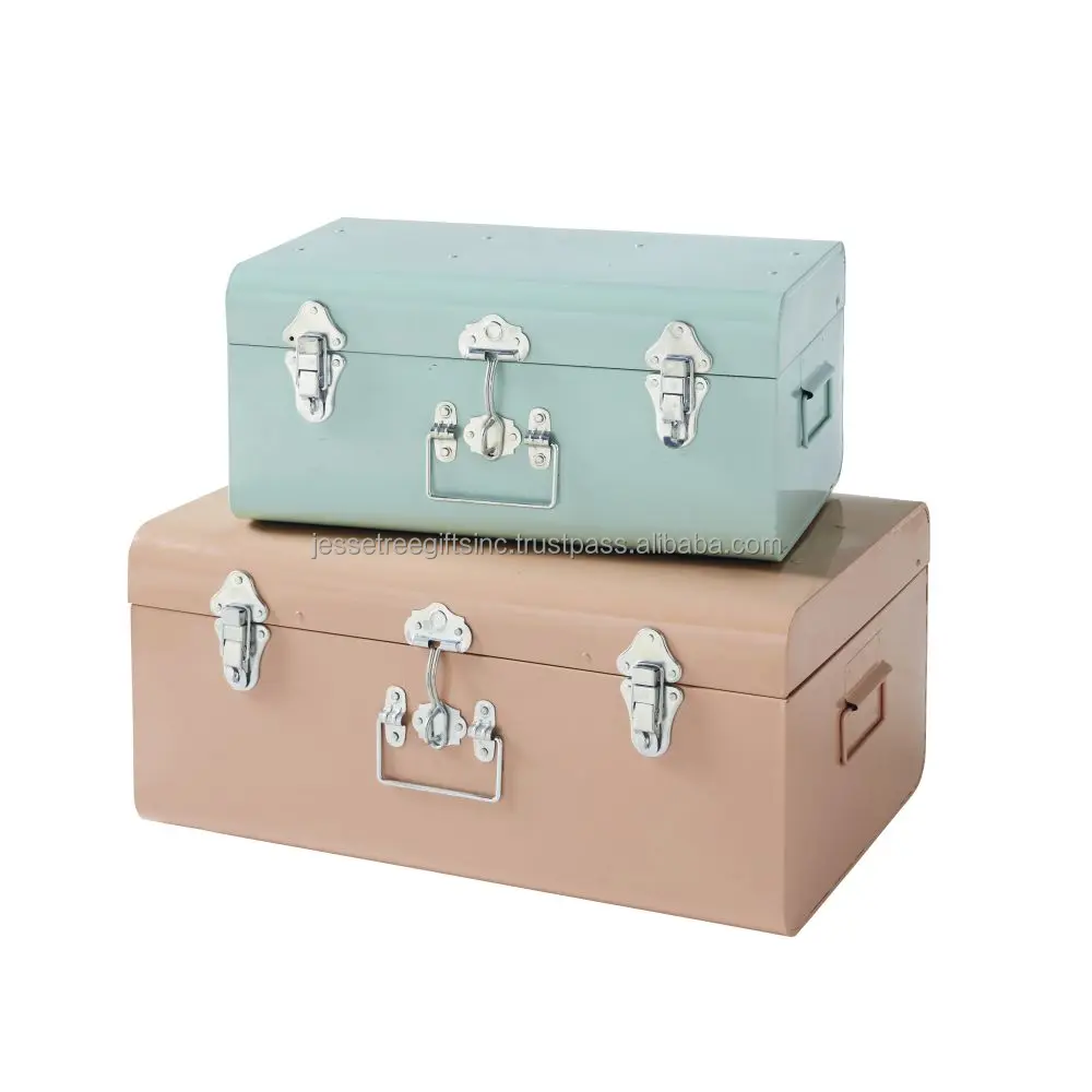 Metal Sheet Home Storage Trunk With White  Powder Coating Finishing With Two Golden Lock & Handle for Organizer Set of 2