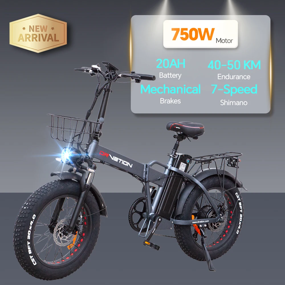 DrVetion At20 Black-Gray Electric Fat Bike 48V 750W up to 45km/h with 10AH/15AH/20AH Motor Options