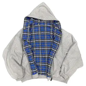 Wholesale Custom Reversible Winter Vintage Eco-Friendly Hoodie Blue Plaid Sweatshirt Double Sided Fleece Hooded Pullover for