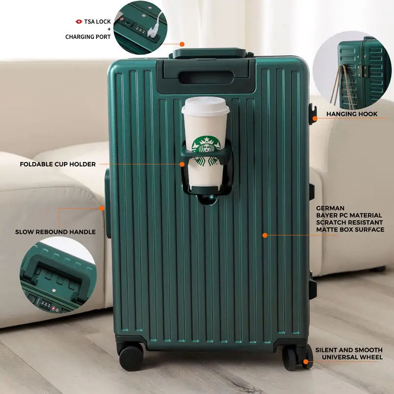 26 Inch High Quality Scratch-Resistant PC Suitcase with Front Pocket & USB Port Cup Holder Aluminum Frame Luggage