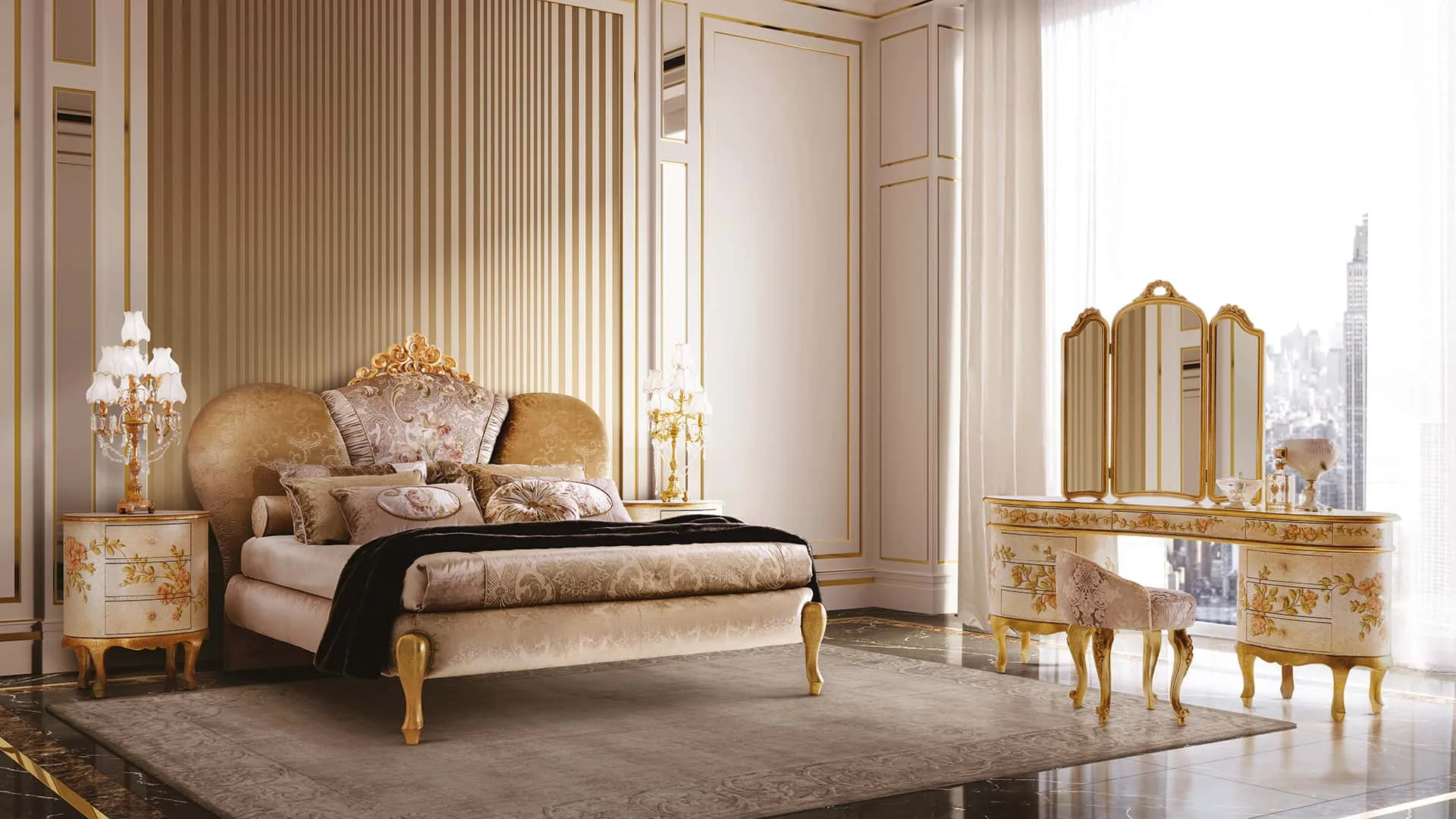Classic Italian Dressing Table Set Make up Vanities Luxury Design for Bedroom Furniture- Tiffany