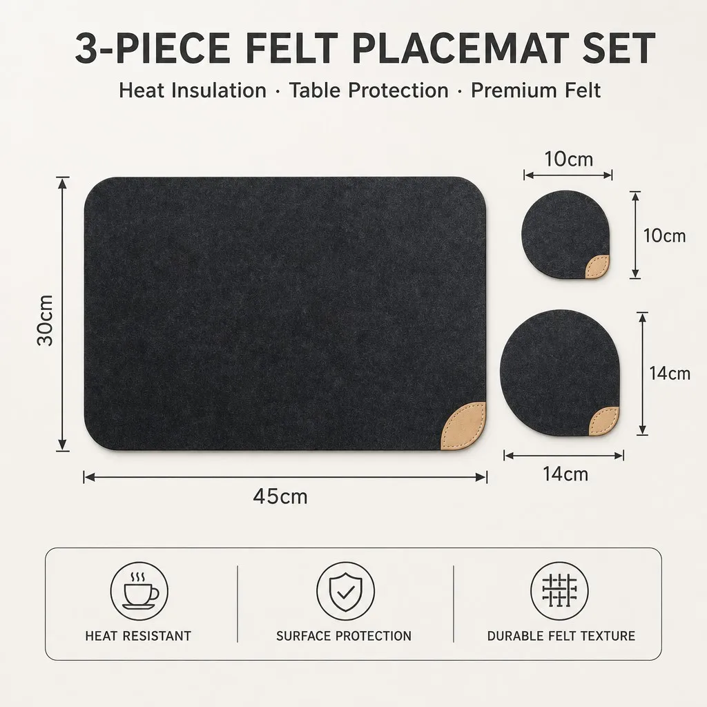 3-piece felt placemat set specification graphic showing a 45 x 30 cm rectangular felt table mat and 14 x 14 cm and 10 x 10 cm round felt coasters, with heat insulation, surface protection and durable felt texture