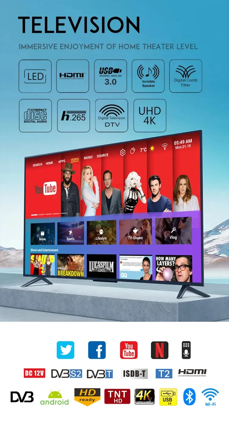 2024 New Arrival Multi Language Optional TV Crt High Definition Led Television 55 Inch 4k Android Smart Television