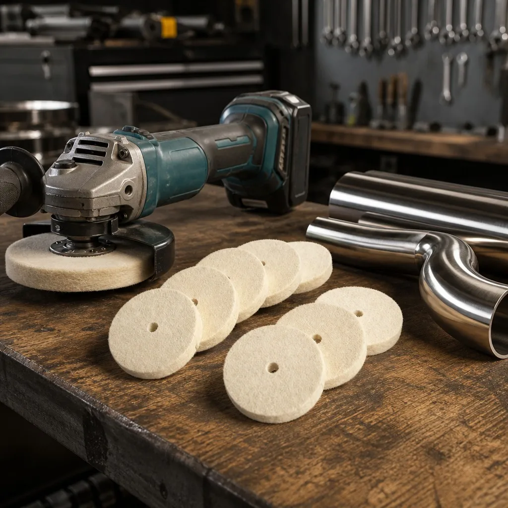 Cordless Angle Grinder Station with Solid Wool Felt Discs for Stainless Steel Exhaust and Pipe Polishing