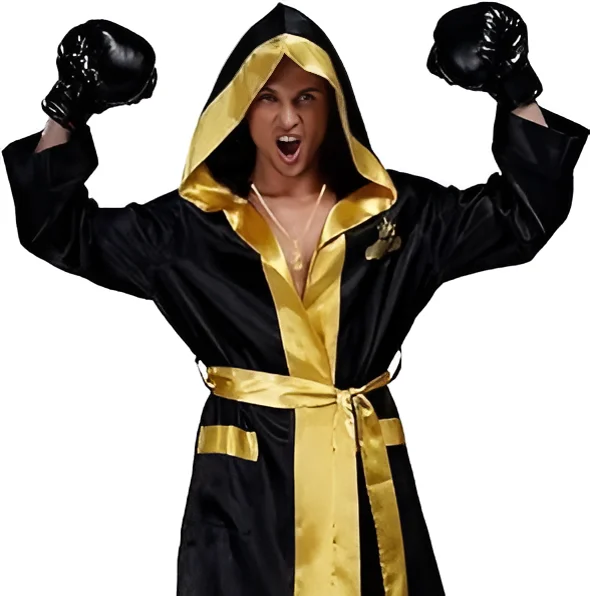 Boxing Pro Full Length Boxing Robe With Hood Black Color Martial Arts Wear Boxing Robe With Custom Design and Size  MS-BR-017
