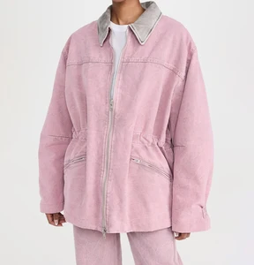 High Quality Custom Logo Available Pink Washed Cotton Barn Jacket Women Oversized Covered Button Turn-down Quilted Heated Winter