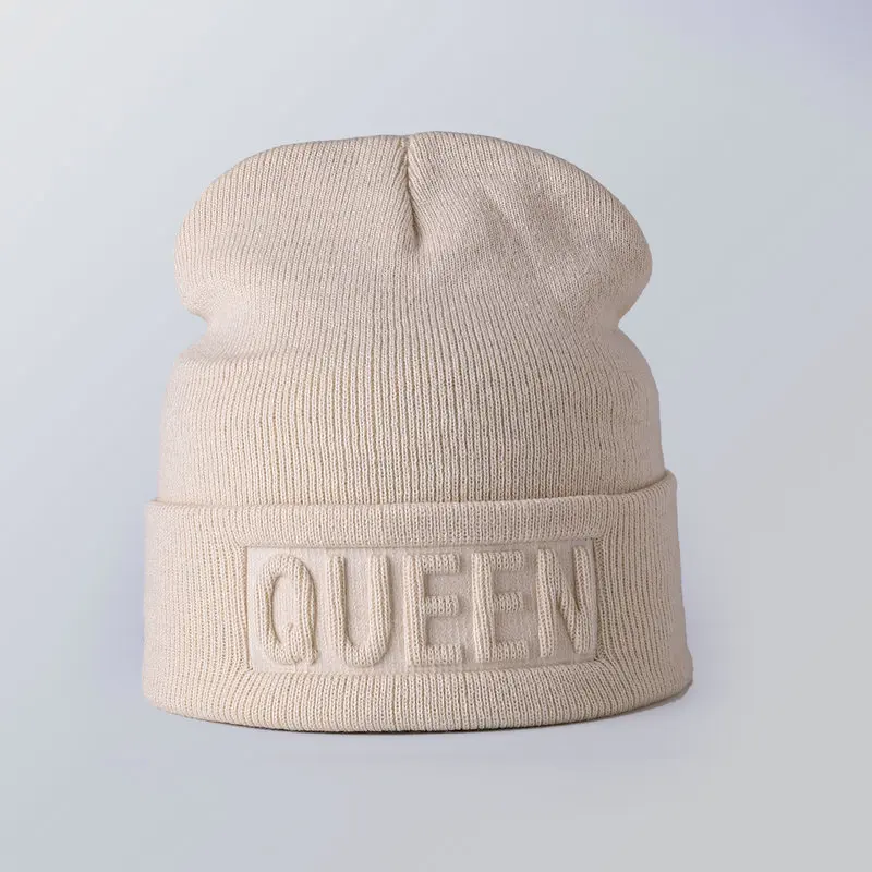 DLL419 Acrylic Cuffed Custom Logo Embossed Beanie Knitted Beanie KING QUEEN logo Winter Beanie Hat
