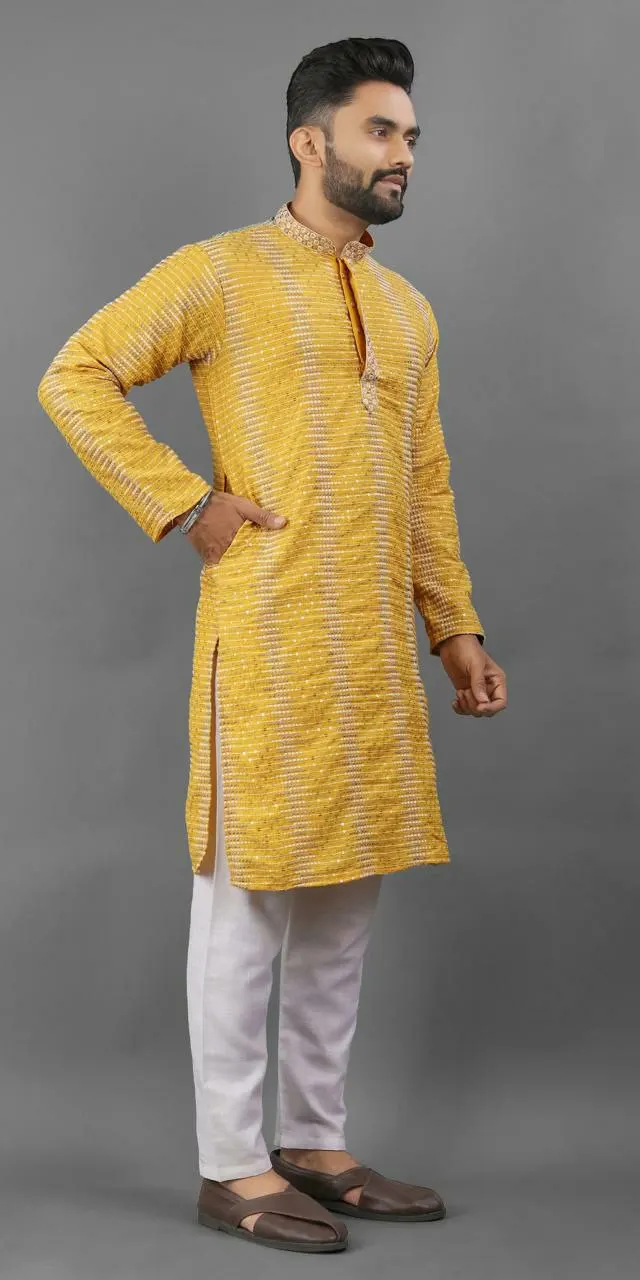 Haldi Special Yellow Color Traditional Look Cheap Price IMPORTAN  FABRIC Thread& Embroidery Work Men's Kurta& Plain White Pent