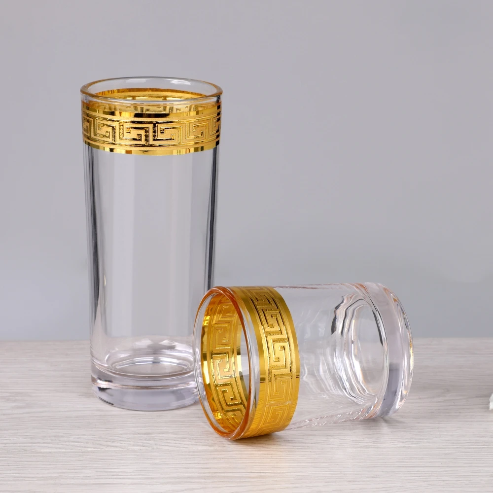 Heavy Bottom Greek Key Gold Rim Champagne Flutes Brandy Snifters Highball Rocks Whiskey Red Wine Drinking Glass
