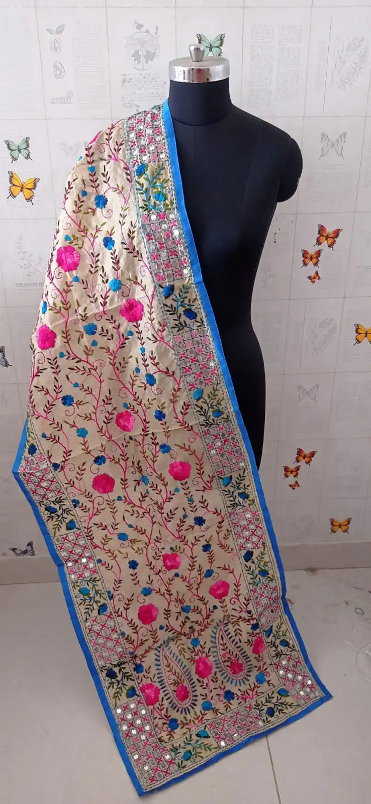 Phulkari Work Chanderi Silk Dupatta With Mirror Embellishments ...