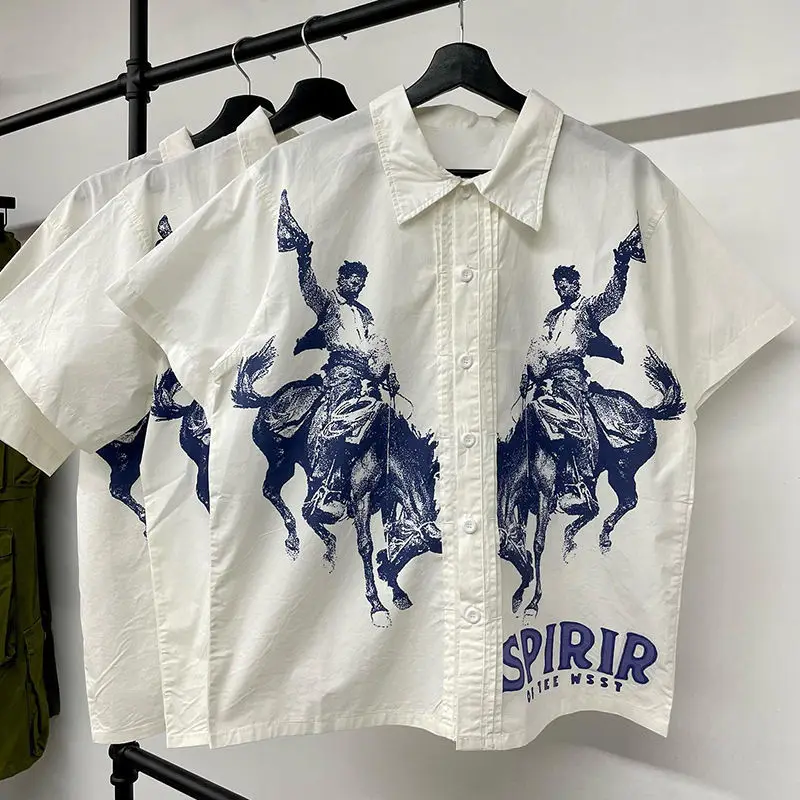 Salati Custom High Quality Summer Streetwear Drop Shoulder Oversized Collared Graphic Printed Short Sleeve Button up Shirt Men gallery 7