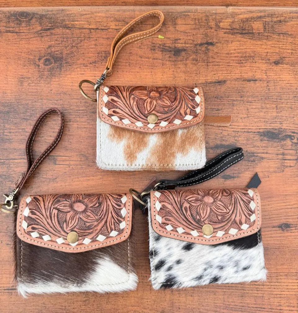 Premium Quality Hand Tooled Leather Small Wristlet Coin Purse Western Hair on Cowhide Leather Multi Uses Mini Wallet for Women's