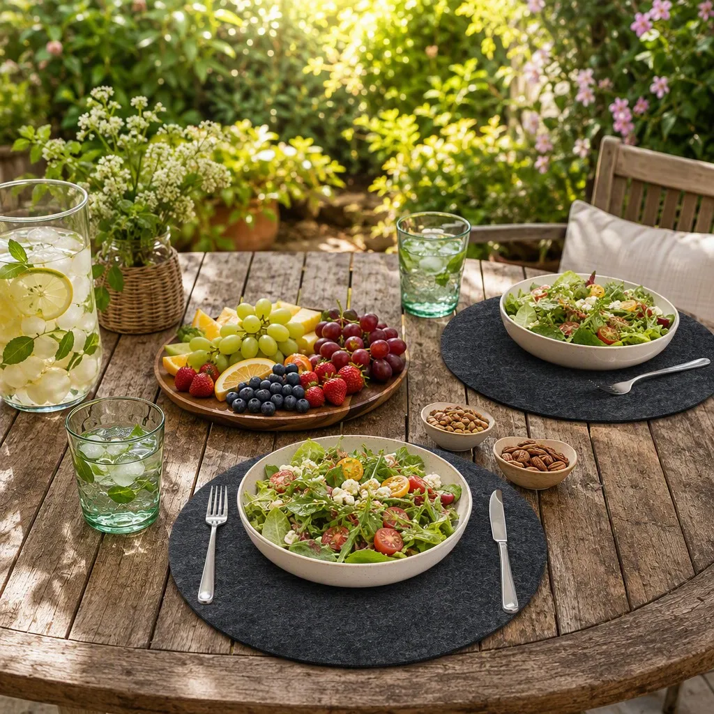 Outdoor garden dining table set with a salad bowl and drinks on round felt placemats