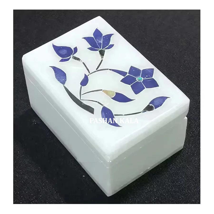 Unique Design and Most Attractive Durable White Marble Lapis Lazuli Flower Inlay Work Jewelry Gift Box in Best Lowest Price