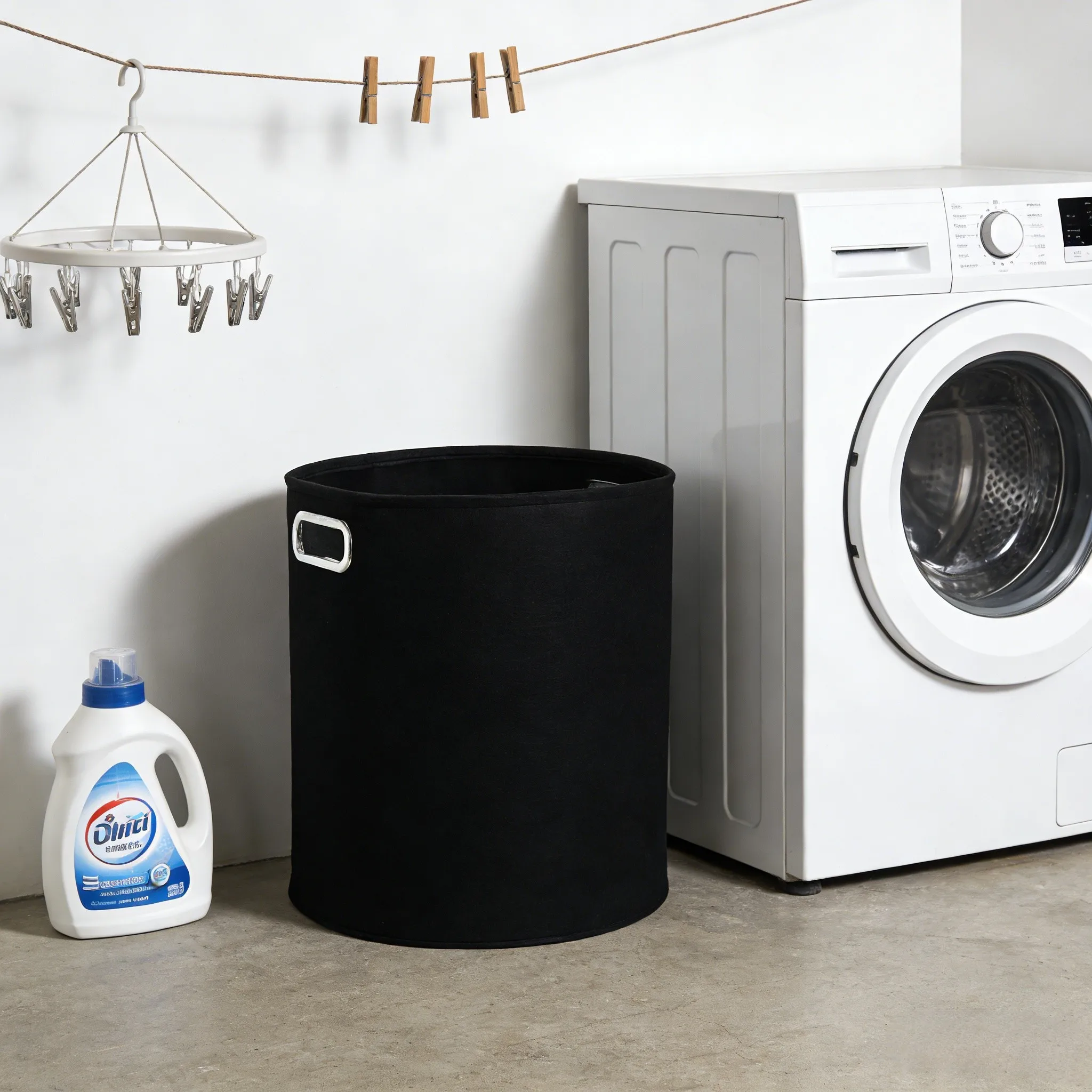 Black felt laundry hamper beside a washing machine