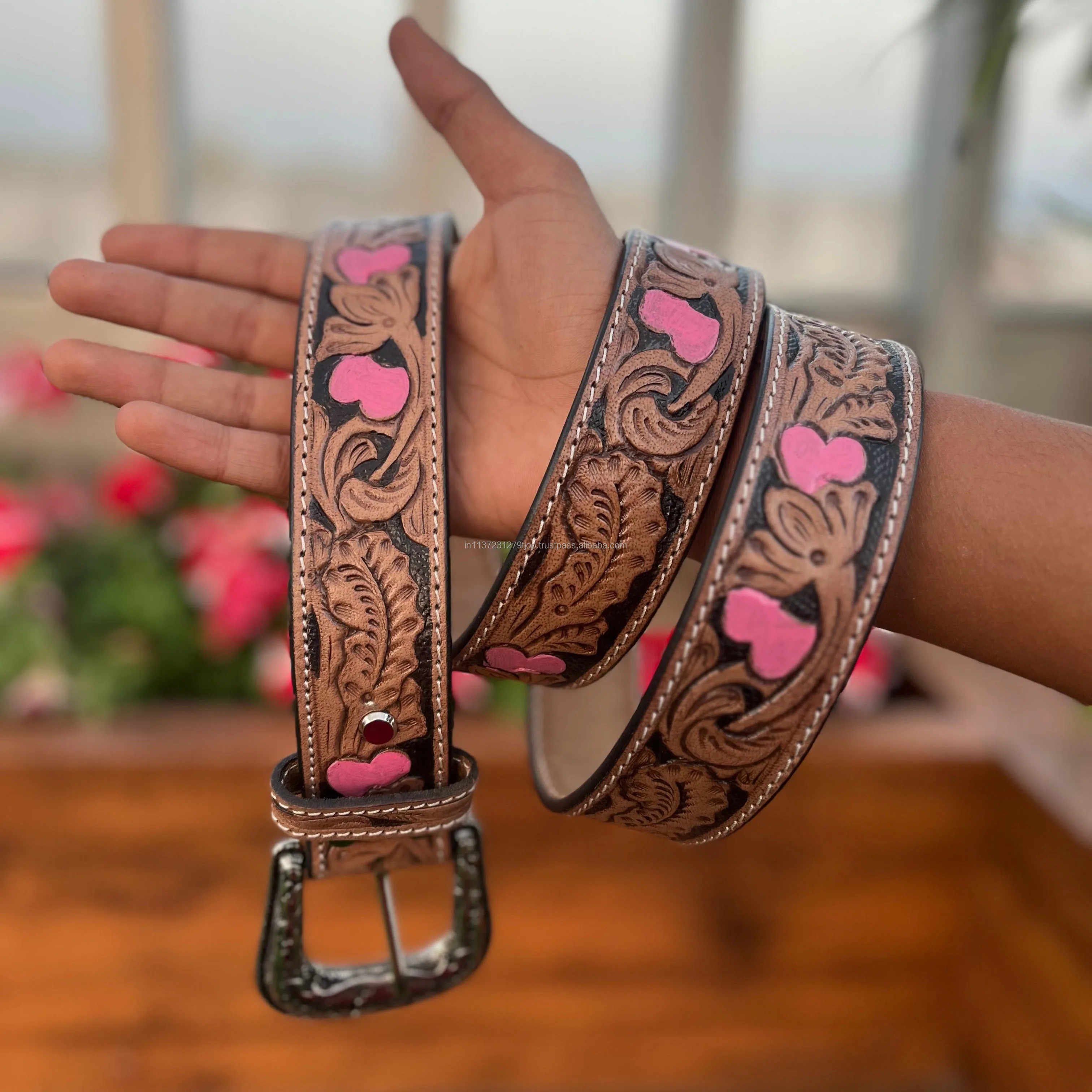 New Arrival Genuine Leather Western Hand Tooled and Hand Painted Floral Belts Real Handmade Tooled Leather Unisex Waist Belts