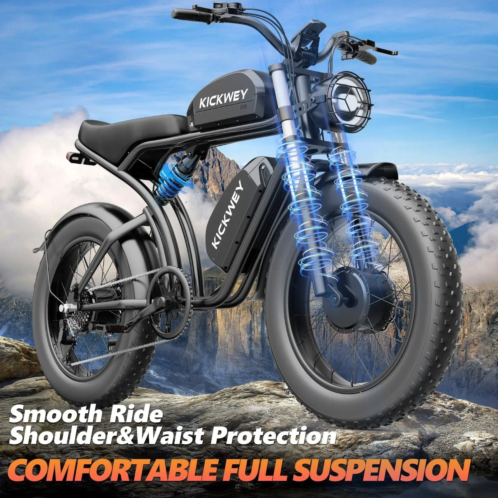 Aukk 48V 23Ah Electric Road Bike with 20*4.0 Inch Fat Tires Black Frame 150kg Capacity Range 70-120Km