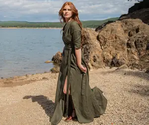 Linen Maxi Dress Green Women Linen Dress Linen Kaftan Long Wrap Linen Wrap Maxi Linen Summer Dress Linen Maxi Dress With Belt