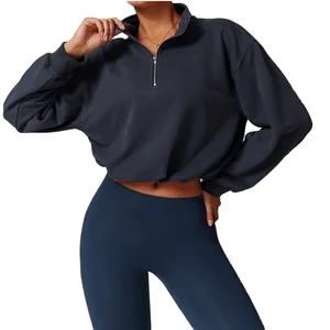 Custom Pullover High Collar Fitness Sports Outdoor Running Pull Rope Zipper Loose Long Sleeve Crop Hoodies Women Clothing