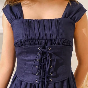 Trendy Navy Blue Woven Linen Midi Dress with Pockets Adjustable Waist Size Chic Classic Design Midi Dress Women Big Size