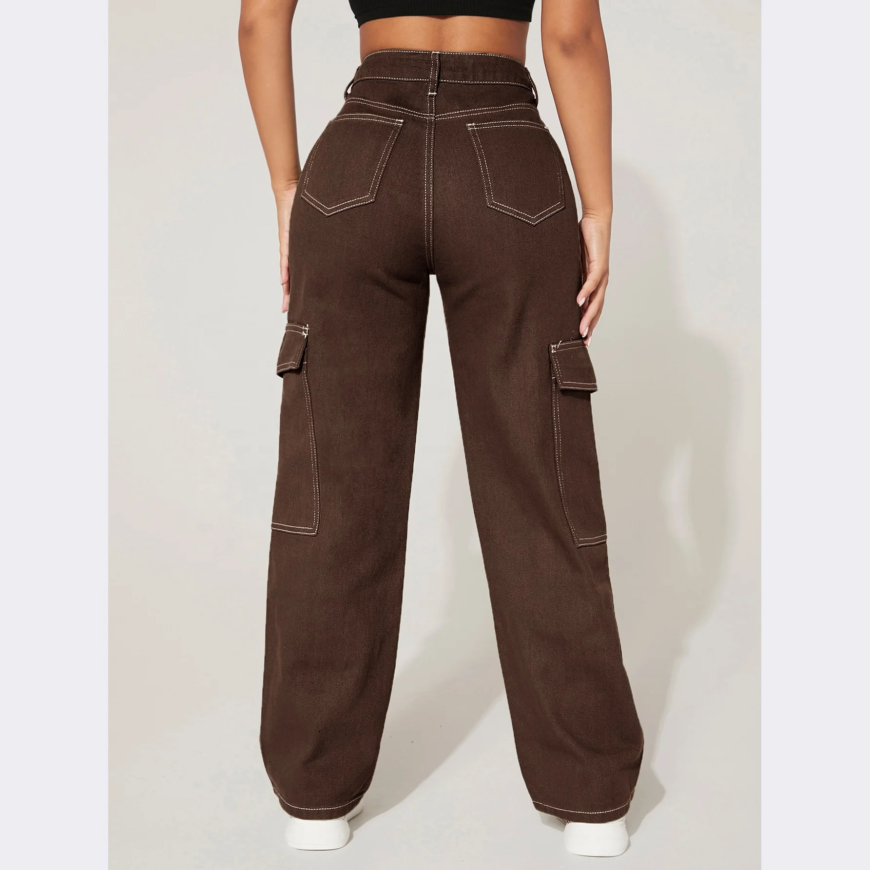 Vintage Cargo Pants High Waist Pocket Button Design Cargo Pants Women  Fashion Streetwear Pockets Straight Trousers Overa size XL Color A