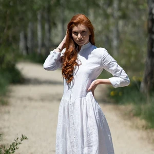 100% Linen Summer Women Casual Elegance Long Sleeve Manufacturers Casual Collar Long Sleeves Side Plain White Cotton Maxi Long