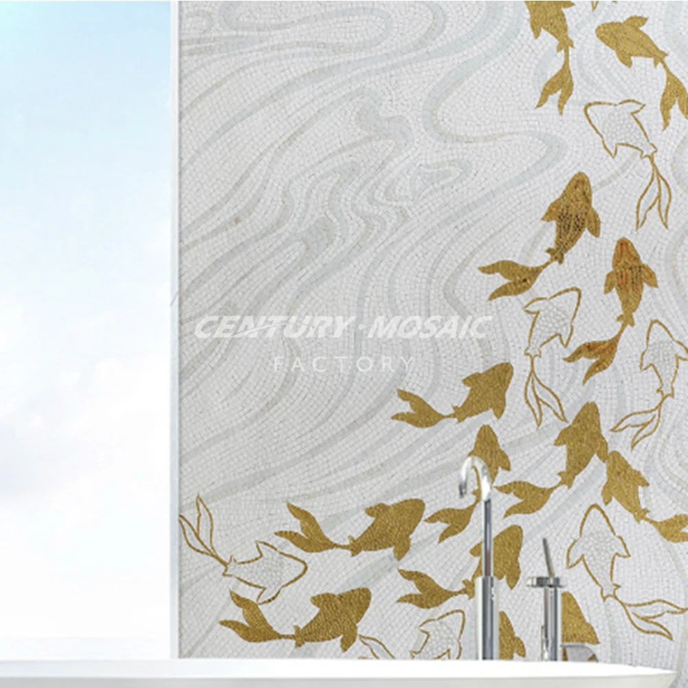 Centurymosaic Customized Handmade Fish Picture Patterns Glass Mural Art Mosaic Tile for Wall Thailand Factory