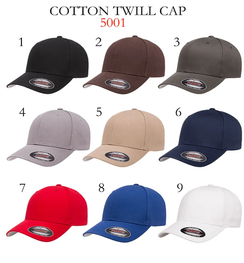 5001 Blank Flex Fit Curved Brim Caps 6 Panel Cotton Twill Closed Back