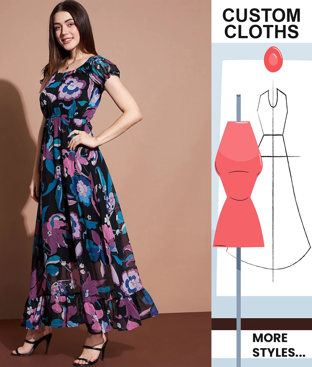 Flutter Sleeves Ruffled Square Neck Flounce Midi A-Line Dress Front Ruffle Women Casual Summer Dress Made In India