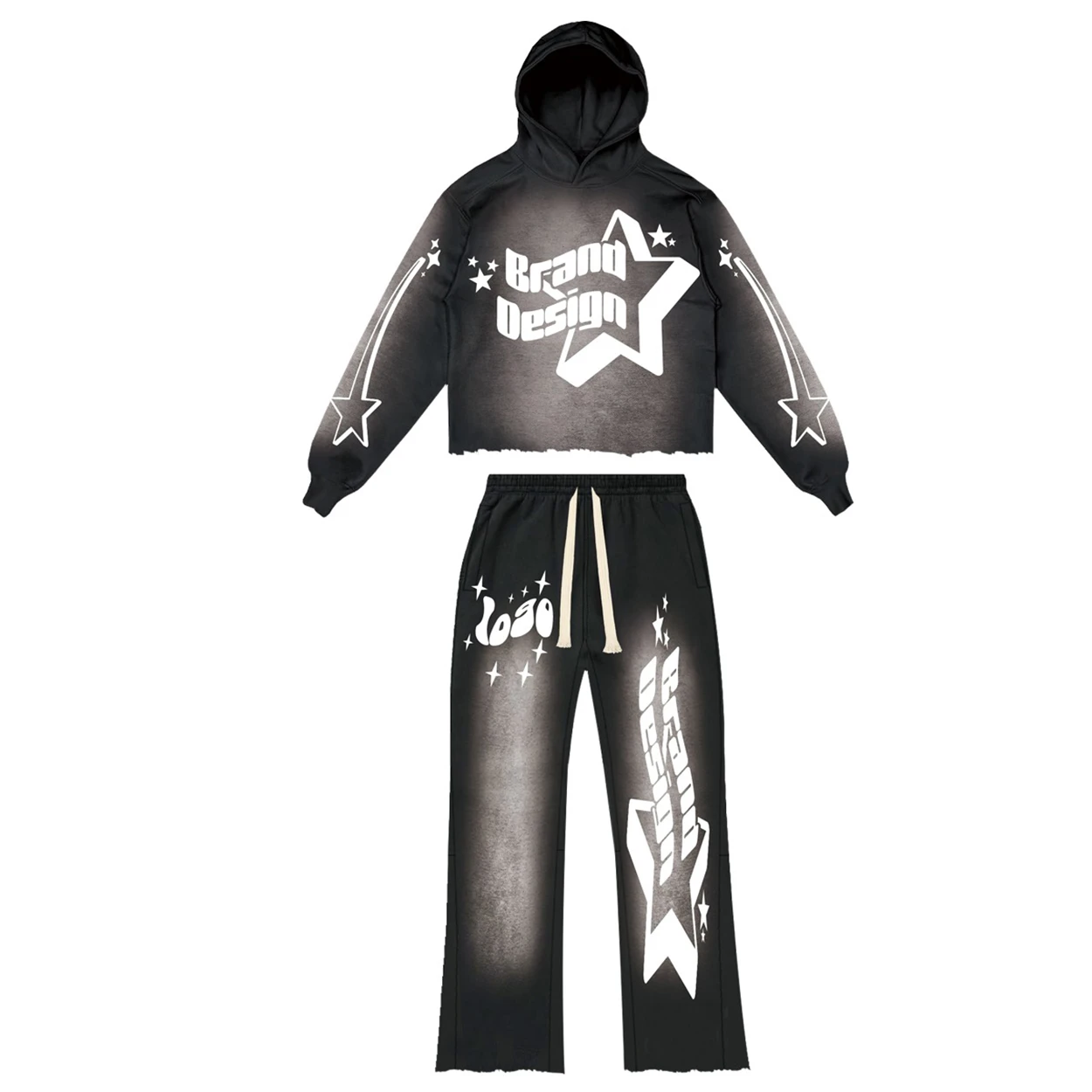 2026 Custom Mens Acid Wash Hoodie & Flared Jogger Set French Terry DTG Printed Vintage Streetwear Tracksuit For Causal Wear