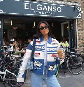 Custom Design Women's Racing Jacket Moto Patchwork Embroidery Zip Biker Style Retro Racing Series Streetwear Autumn/Winter Front