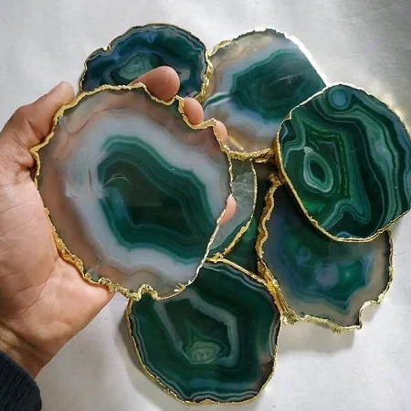 Wholesale Wholesale Assorted Agate Coasters with Golden Electroplated Trim Semi-Precious Stone Crafts for Table Home Decoration for Sale semi-precious stone craft
