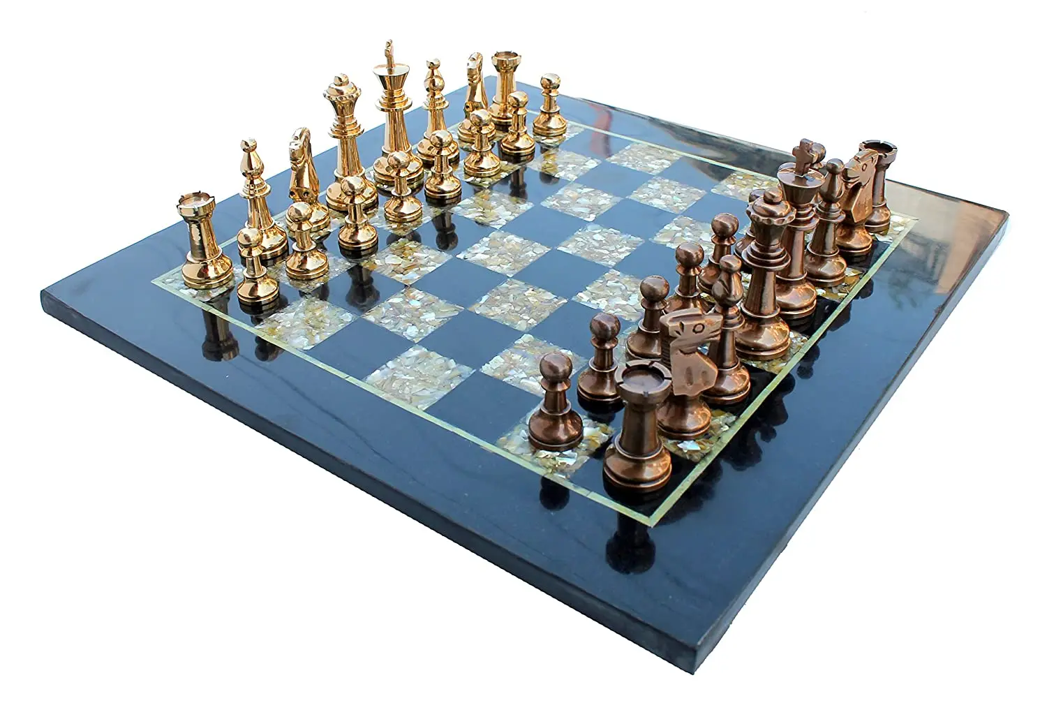 Chess Game Board Set - Made With Black Marble, & Brass Pieces (15" X 15")