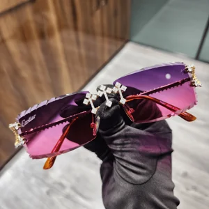 Men's Iced Moissanite Diamonds Dark Pink Shades Anti-Reflective Stainless Hip Hop Rimless Lens Glasses Hot Sale High Quality