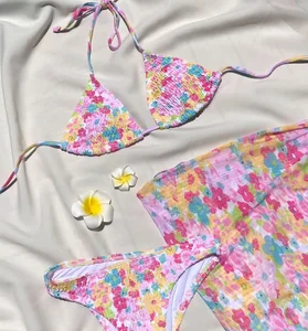 Designer Custom Front LOGO Women Swimwear 2024 Lace up Floral & Striped Print Swimsuit Cover up Dress Triangle Bikini Sets