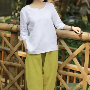 Customizable Plus Size Linen Tank Top Soft Oversized Long Sleeves Handmade Crop Top Woven Plain Dyed Loose Sweet Bow Collar