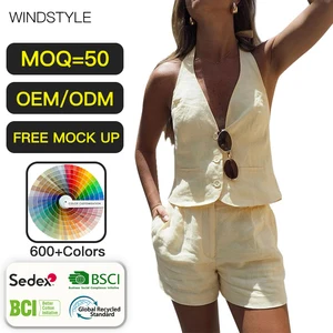 Solid Pattern Satin 2-Piece Casual Shorts Set V-Neck Waistcoat Vest with Button Decoration Above Knee Length Summer Season Top