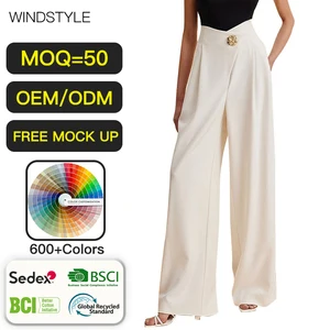 High Quality Casual Women's Wide Leg Pants with Irregular Waist Pocket High Waist Design Formal Style