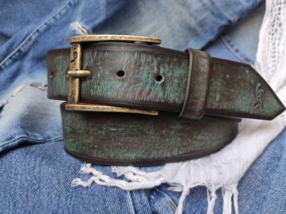 High Quality Luxury Pin Buckle Unisex Cowhide Stylish Retro Genuine Distressed Turquoise Leather Belt