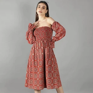 Women Casual Burnt Orange Ajrak Print Off- Shoulder Smoke Dress With Circular Founce Sleeve Fitted One Piece Stylish Summer Wear