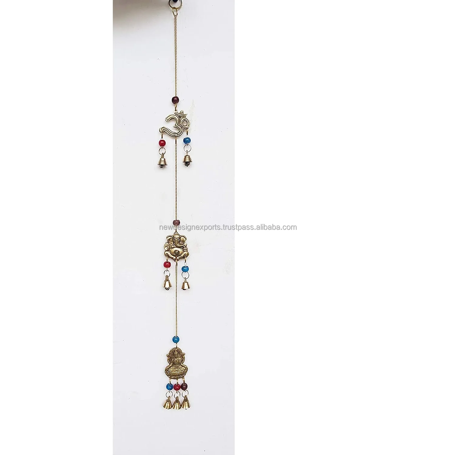Brass Decorative String of Metal and Beads Vintage Indian Style Wall Hanging Bells Brass Wind Chimes (Om-Ganesha-Laxmiji)