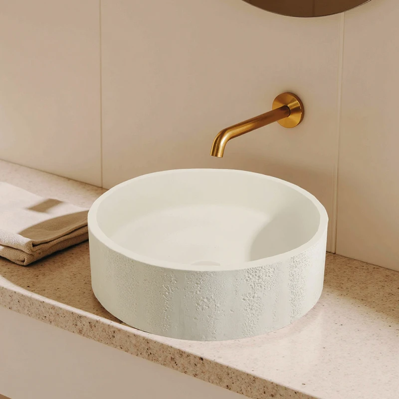 MOHOM Modern Concrete Basin Sink Handmade Grey Cement Counter Top Fluted Design Bathroom