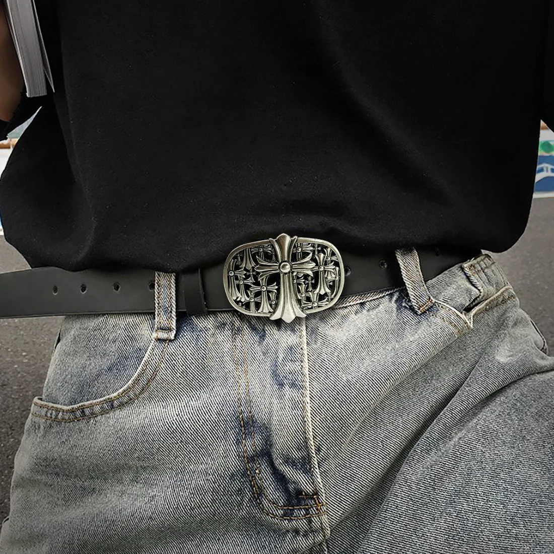 Wholesale Men's Retro Fashion Belt Personalized Colorful Youth Style Ancient Cross Classic Star Alloy Buckle Leather Belt