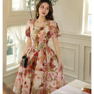 Trending Design Vintage Red Rose Print Dress With Square Neck Silk Like Lightweight Breezy Maxi Dress  Available Big Size