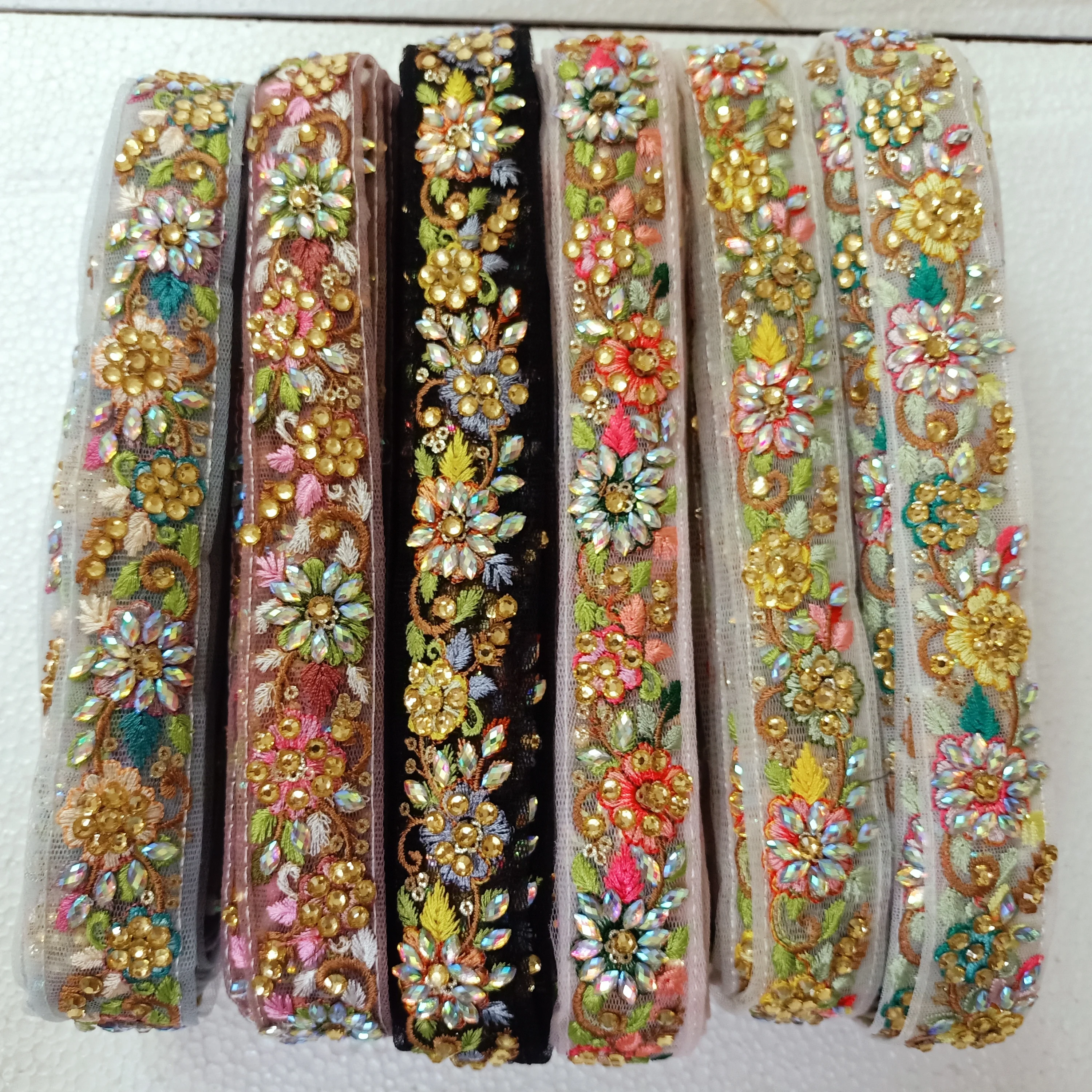 Custom Made Floral Embroidered Laces with Stone Work Ideal for Dress Designers and Clothing Designers with Mirror Work