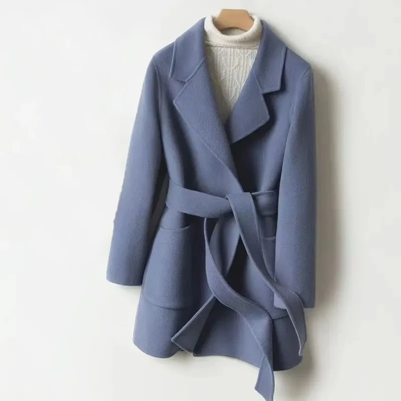 Trendy Ladies Casual Style Wool Blend Blue Trench Coat Long Cotton Breathable Outerwear - Image 1