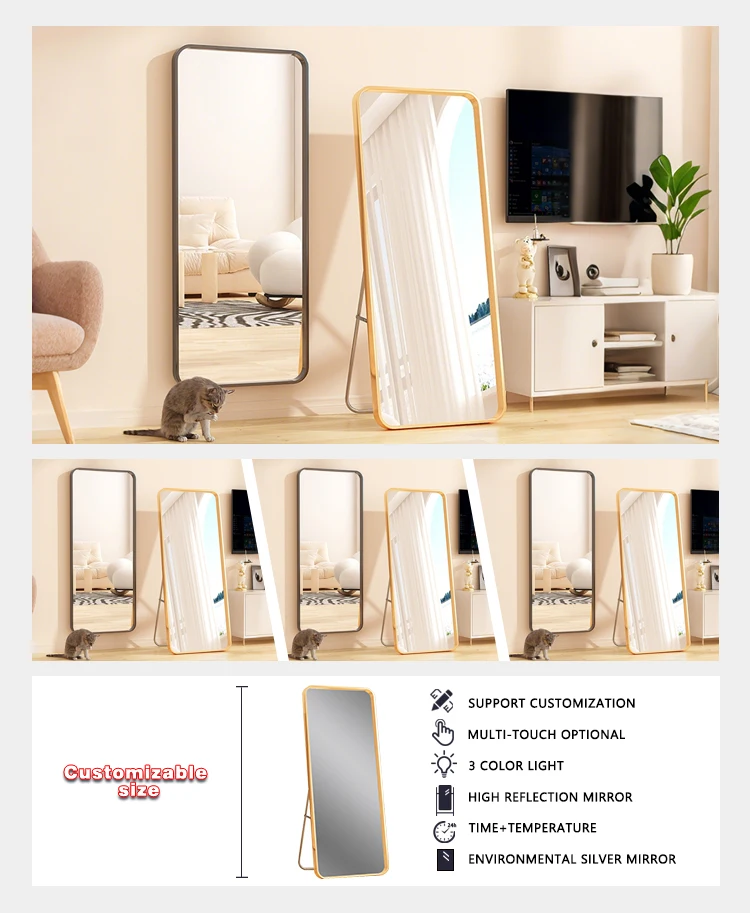 product aluminum frame full body floor mirror large size standing mirror with adjustable lighting for bedroom bathroom-7