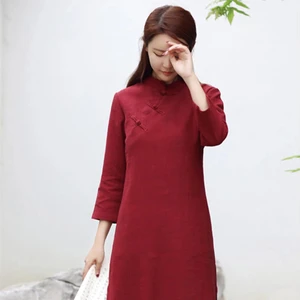 Linen Ethnic Style Tunic Women Long Sleeves Dress Soft Casual Loose Tunics Robe Midi Dress Customized Solid  Available Big Size