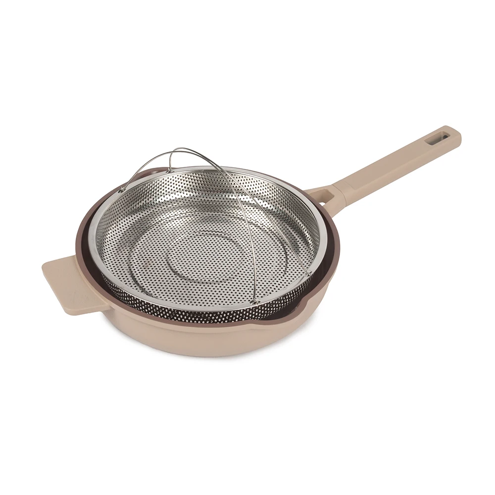 Hot Sale Heavy Cookware Set Deep  Dish Cooking Frying Pan With Basket Steamer